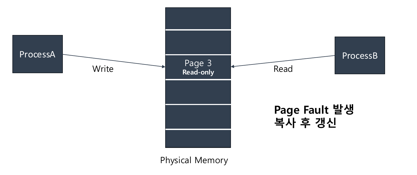 COW step 2 — write attempt triggers a Page Fault
