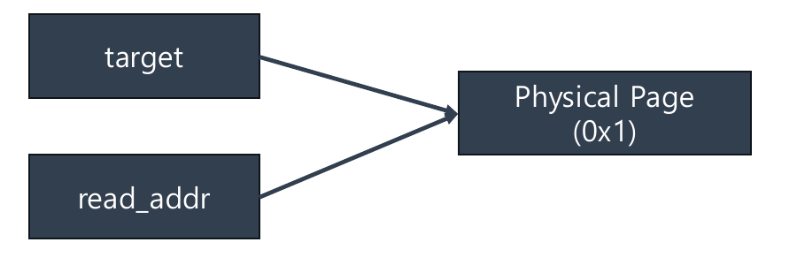Exploitation step 1 — target and read_addr reference the same page